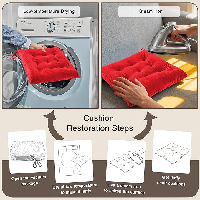 OVOV 1 Pack Chair Cushions for Dining Chairs Soft Seat Cushions for Kitchen Desk Chairs Square Chair Pads with Ties (15.5"x15.5" Red)