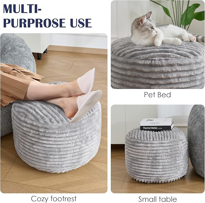 SHOUREN Stuffed Round Ottoman,Corduroy Pouf Ottoman Foot Rest with Foam Filling,Pouf Storage Ottoman Footstool for Living Room,18 X 14 Floor Poufs for Couch - 18 X 14 Inches,Light Grey