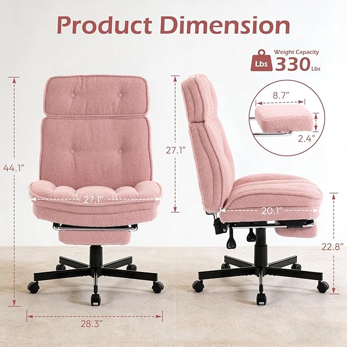 Criss Cross Chair with Wheels - Home Office Desk Chairs with Foot Rest, Morden Comfy Swivel Makeup Chair for Vanity, Ergonomic Cross Legged Office Chair with High Back & Wide Seat, Pink