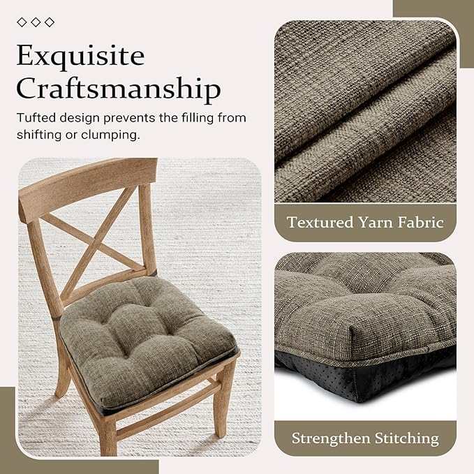 Wellsin Chair Cushions for Dining Chairs, Non-Slip Kitchen Chair Pads with Ties, Tufted Shredded Foam Kitchen Chair Cushions Set of 2, 15.5" X 15.5", Khaki