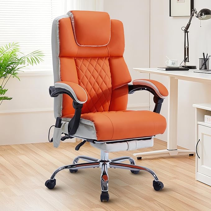 Massage Office Chair 6 Points 500lbs with Footrest,Reclining Desk Chair with Vibration Heat,Executive Big and Tall Chairs for Heavy People,Adjustable Height Ergonomic Orange