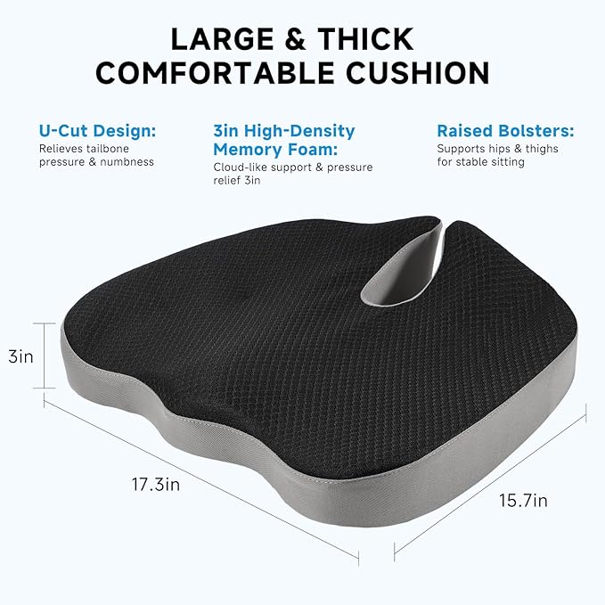 Seat Cushion for Office Chair, Ergonomic Memory Foam Office Chair Cushion with U-Shaped Coccyx Support, Non-Slip Base, Washable Cover