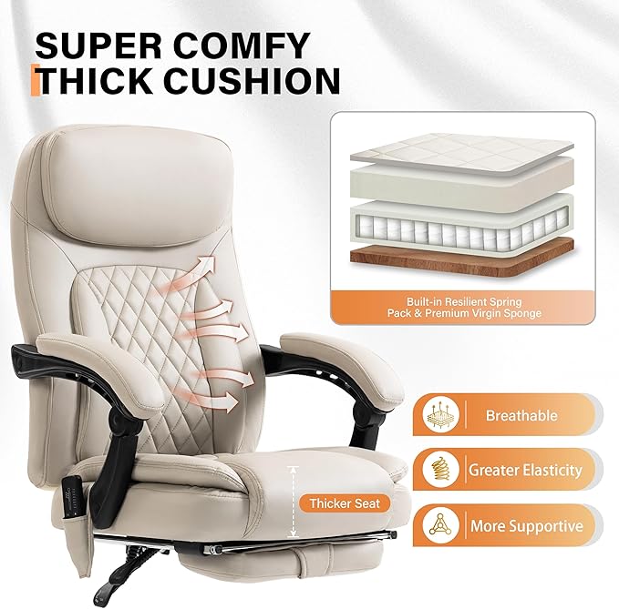500LBS Massage Office Chair, 6 Points Vibration & Heat Executive Office Chairs, 135°Reclining Comfy Desk Chair with Foot Rest, Wider & Thicker Seat Cushion, PU Leather Big and Tall Gaming Chair, Beige