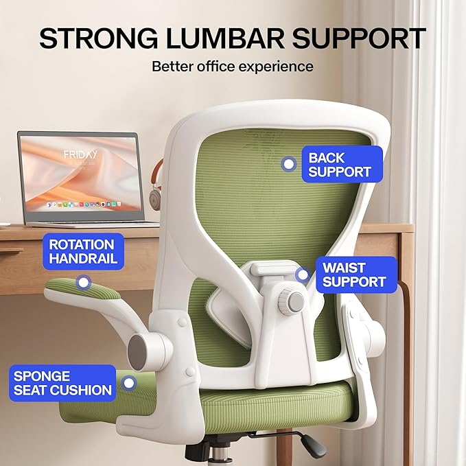 Office Chair, Ergonomic Desk Chair with Adjustable Lumbar Support Flip-up Arms,Comfortable Swivel Mesh Back Computer Chair Executive Task Chair for Home Office Use (Green)