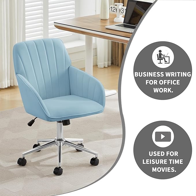 Velvet Home Office Desk Chair, Modern Cute Computer Task Chair with Back, Height Adjustable Upholstered Vanity Chair with Swivel Wheels for Women, Girls (Silver Base, Light Blue