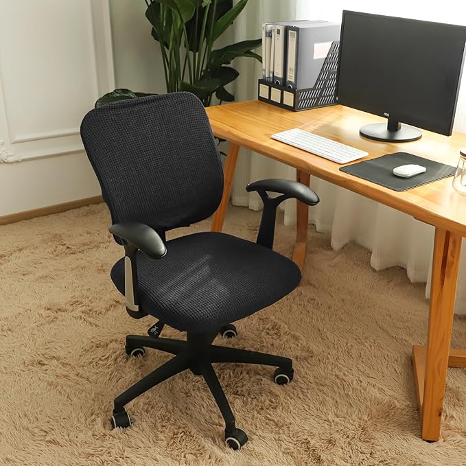FORCHEER Desk Chair Cover Black Jacquard Stretch Office Chair Covers Two Piece for Split Office Chairs Water Resistant Washable