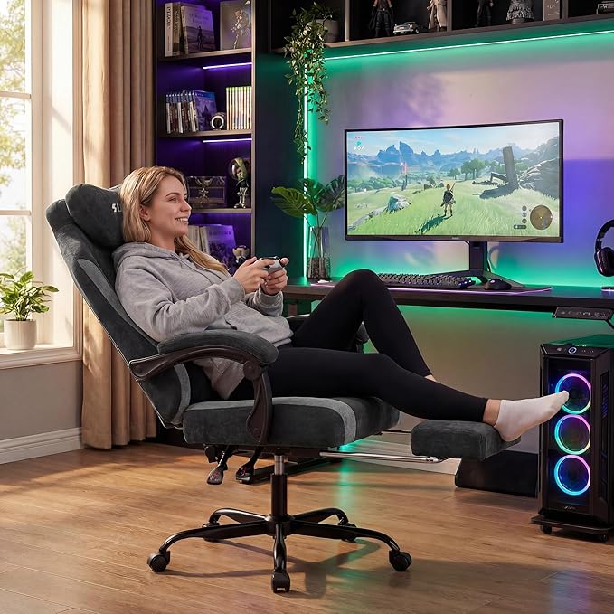 SUKIDA Fabric Video Gaming Chair, Ergonomic High-Back Computer Game Chairs with Large Massage Adjustable Lumbar Support, Headrest and Linked Armrests for Long Hours Sitting Task Chair, Black