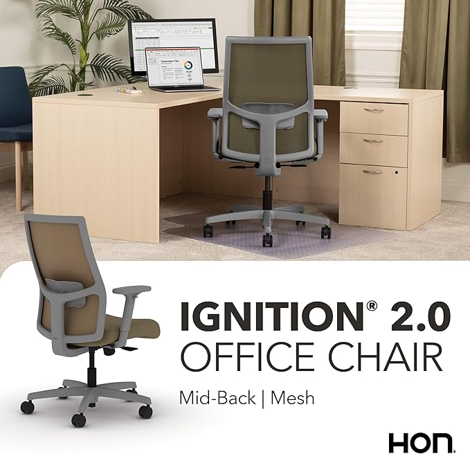 HON Ignition 2.0 Mid Back Task Chair, Spectrum Mesh, Standard Synchro-Tilt Control, Office Chair with Lumbar Support, Height and Width Adjustable Arms, Titanium Frame, Quicksand
