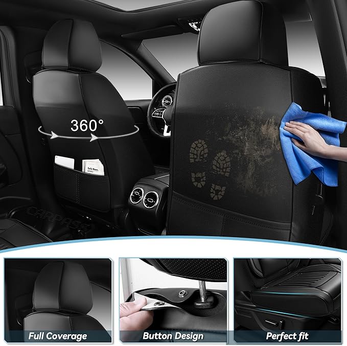 CAR PASS Luxury Nappa Leather Car Seat Covers Two Front, Lumbar Support Seat Covers for Car 2 Seats, Waterproof Car Seat Protector, Automotive Seat Cover Universal Fit for Most Sedans SUV Trucks Black