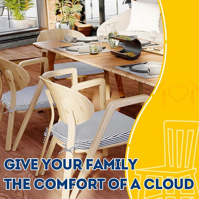 AAAAAcessories D-Shaped Chair Cushions, Featuring Ties and Removable, Machine-Washable Cover, 2'' Thick Seat Pads for Kitchen and Dining Rooms, 17'' x 16'', Set of 4, Pinstripe Dark Gray
