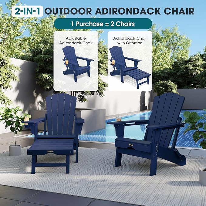 THOEOE Adjustable Adirondack Chair with Retractable Ottoman, HDEP Folding Adirondack Chairs with Footrest 2-in-1 Cup Holder, All Weather Outoor Fire Pit Chair with Foot Rest Set 8 Navy Blue