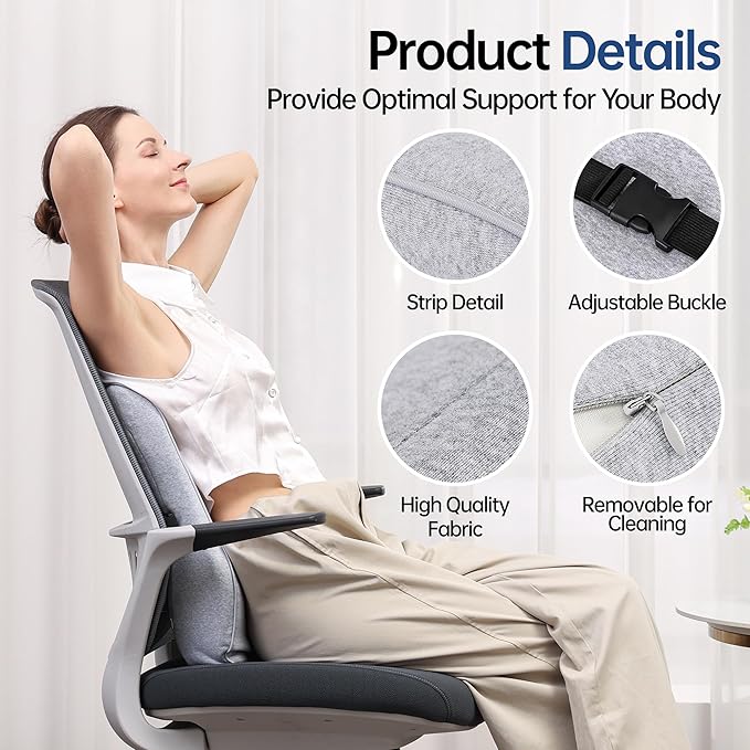 Lumbar Support Pillow for Office Chair Car Seat Gaming Chair, Memory Foam Back Support Pillow, Lumbar Cushion Back Cushion for Lower Back Pain Relief, Adjustable Strap Washable Cover-Light Grey