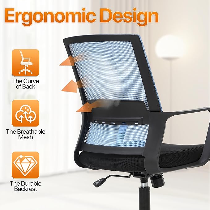Ergonomic Office Chair, Comfortable Home Desk Chair, Breathable Mesh Back Computer Chair and Lumbar Support, Adjustable Height, Sponge Seat, Blue