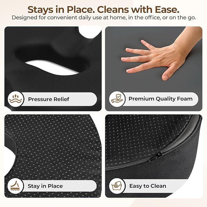 TushGuard Ergonomic Donut Pillow Seat Cushion with Raised Rear Support, Large Memory Foam Cushion for Tailbone, Hemorrhoids & Sciatica Relief, Office Chair, Car, Travel, Postpartum, Black