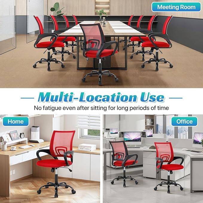 Ergonomic Office Chair Mesh Mid Back with Lumbar Support Armrest, Adjustable Home Desk Chair Comfy Computer Task Drafting Rolling Swivel Chairs for Gaming, Home Work, Study, Red