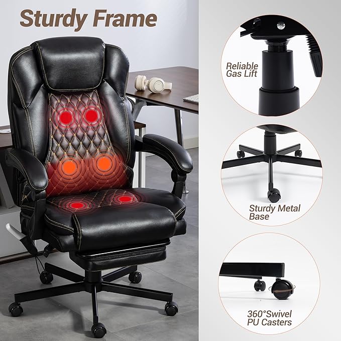 Massage Office Chair with Footrest, 6 Points Vibration Heating Executive Chair, Ergonomic Home Office Desk Chair with Linkage Armrest, Reclining Backrest, Lumbar Support, PU Leather, Black