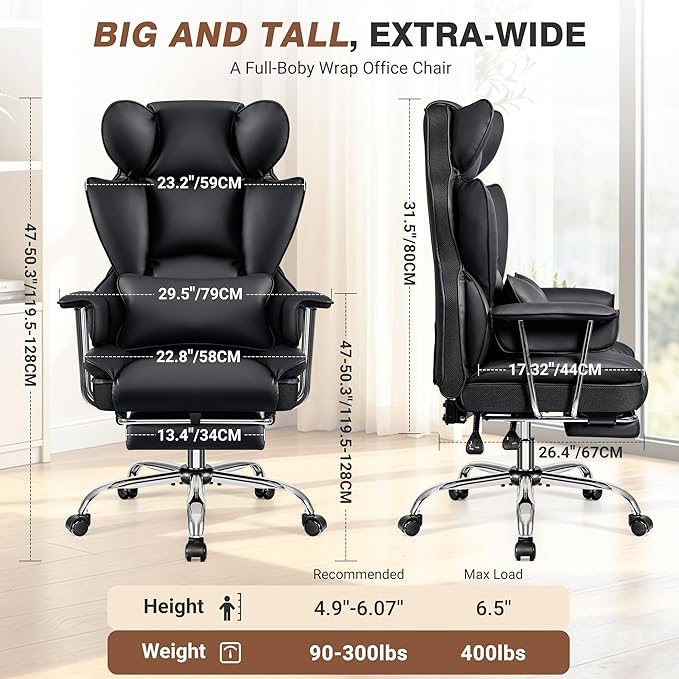 ALLGOD Office Chair Comfy, Big and Tall Executive Leather Chair, High Back Ergonomic Wide Chair with Footrest, Reclining Computer Desk Chair, Heavy Duty Gaming Chair with Padded Arm and Pillow, Black