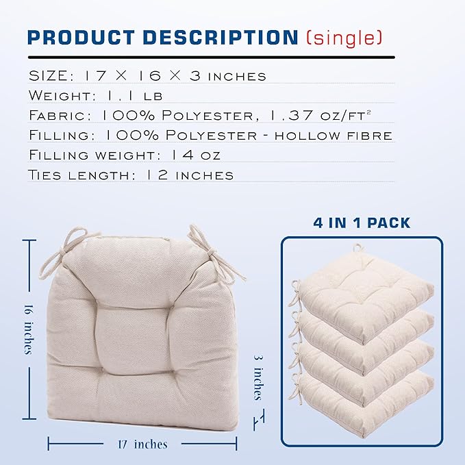 SQUARE MOON D-Shaped 3" Thick Chair Cushions, Chair Pads for Dining Chairs and Kitchen Chairs, Indoor Dining Room Seat Cushions with Ties, Machine Washable, 17" x 16" x 3", 4/Pack, Ivory