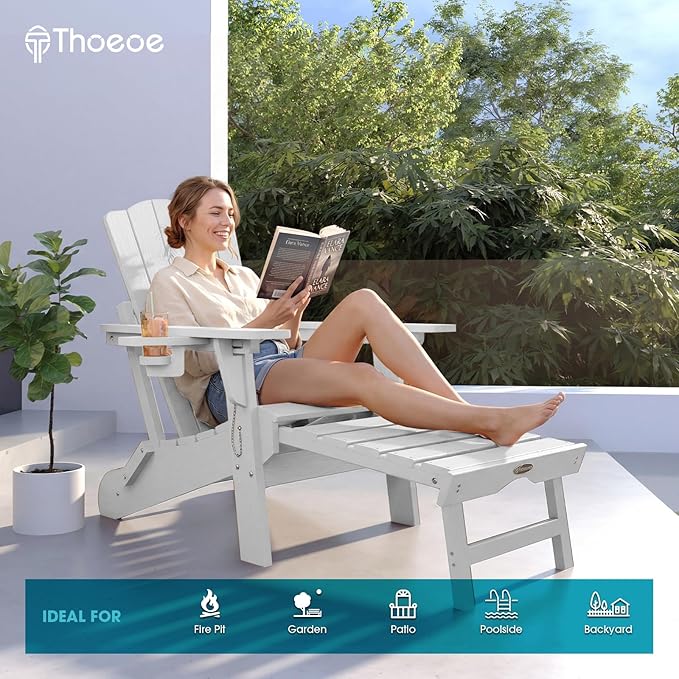 THOEOE Adjustable Adirondack Chair with Retractable Ottoman, HDEP Folding Adirondack Chairs with Footrest 2-in-1 Cup Holder, All Weather Outoor Fire Pit Chair with Foot Rest Set 8 White