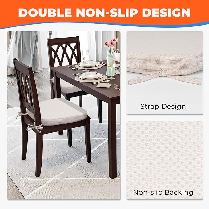Sunsleek Chair Cushions for Dining Chairs, D-Shaped Seat Cushions with Removable Washable Cover and Ties, Chair Pads for Kitchen, Indoor Dining Room, Patio Chairs, 17'' x 16'', Set of 4, Beige