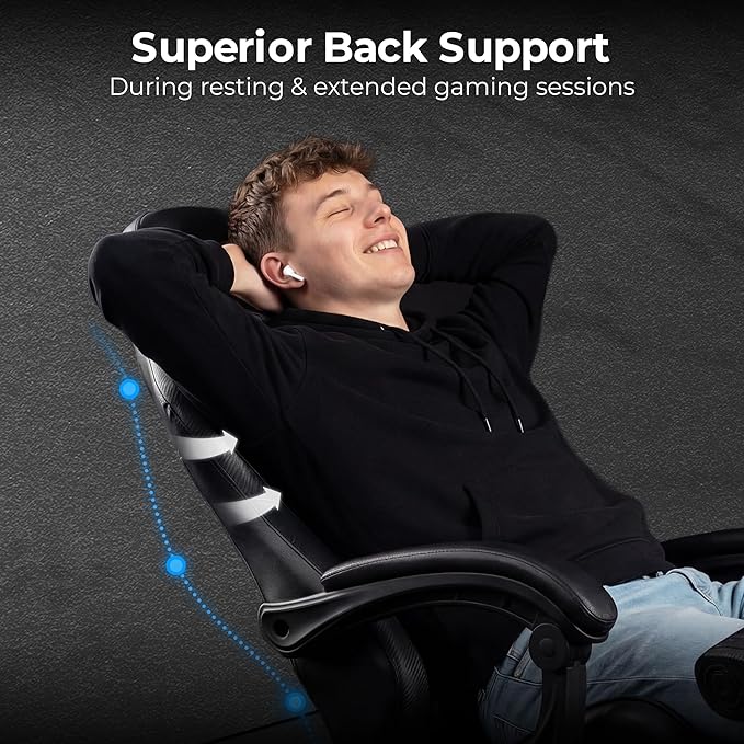 N-GEN GAMING Video Gaming Chair with Footrest Lumbar Support for Home Office High Back Recliner Height Adjustable Ergonomic Comfy Leather Computer Desk Chair (Carbon Black)