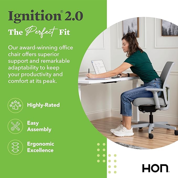 HON Ignition 2.0 Low Back Task Chair, Advanced Synchro-Tilt Control, Office Chair with Lumbar Support, Height and Width Adjustable Arms, Titanium Frame, Frost