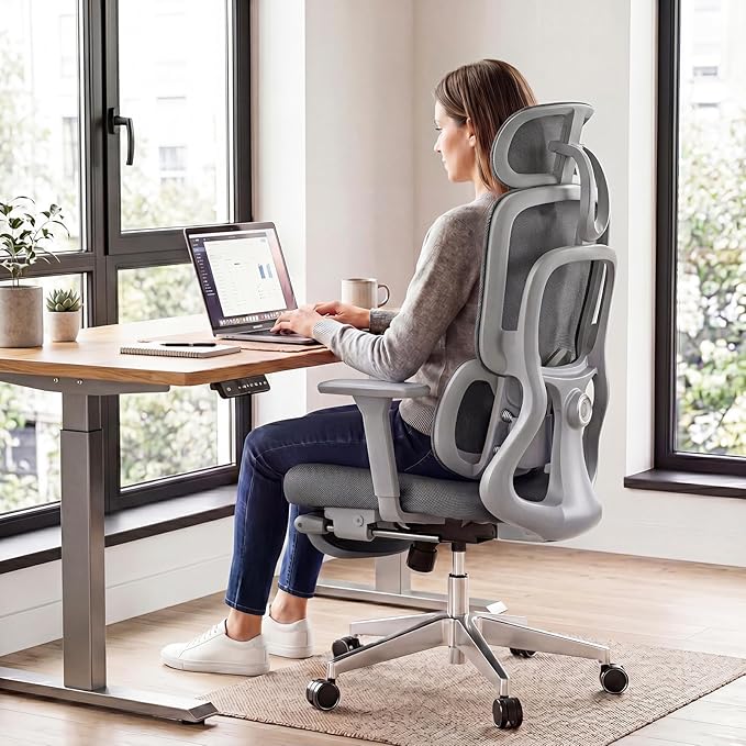 Ergonomic Office Chair with Footrest, 4D Armrests & Dynamic Lumbar Support, High Back Mesh Desk Chair with Adjustable Headrest, Reclining Computer Chair 380lbs for Long Hours (Grey)
