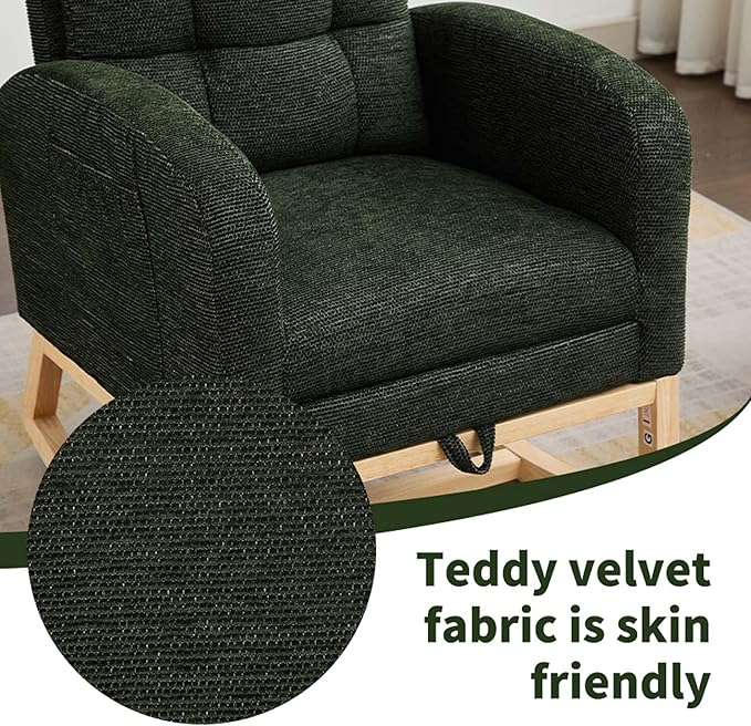 40" Fabric Nursing Rocking Chair, Nursery Chairs with Adjustable Foot Rest, High Backrest Upholstered Arm Chair with Side Pockets, Wood Rocking Chair for Living Room, Bedroom, Baby Room (Dark Green 1)