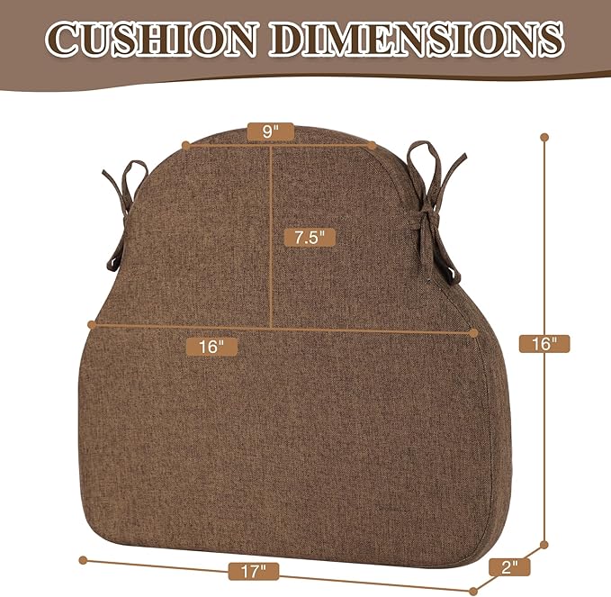 Brown Winsor Chair Cushions with Ties, Dining Kitchen Chair Seat Pads Non Slip Removable Washable Cover 17"x16" 2 Pack