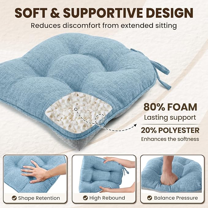 downluxe Indoor Chair Cushions for Dining Chairs, Tufted Overstuffed Textured Kitchen Chair Pads with Ties and Non-Slip Backing, 15.5" x 15.5" x 4", Light Blue, 4 Pack