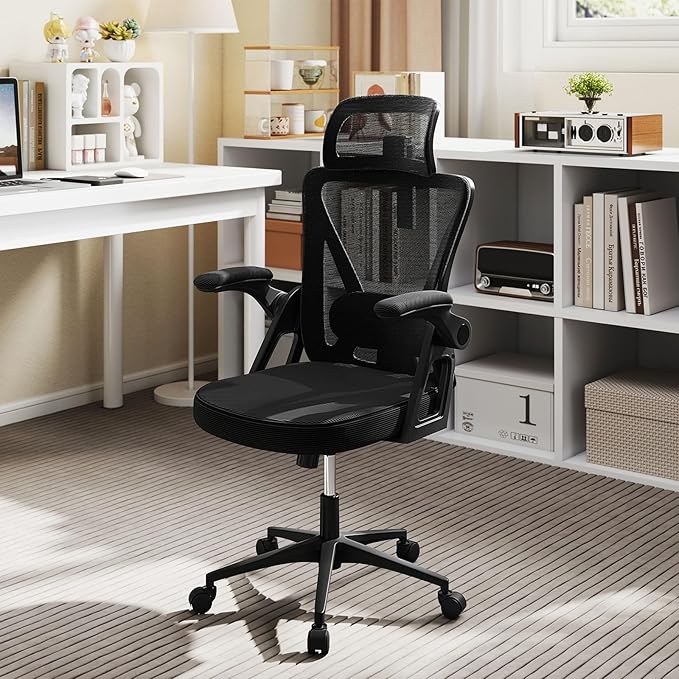 Giantex Ergonomic Mesh Office Chair, Computer Chiar with 2D Headrest, Flip-up Padded Arms & Rocking Function, High Back Desk Chairs for Home, Black