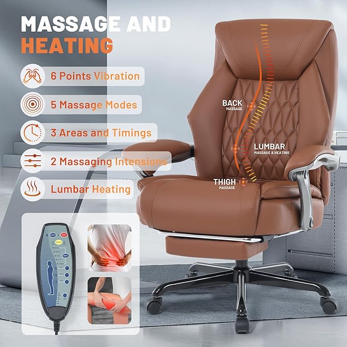 Massage Office Chair with Heat & Foot Rest, 6 Points Vibration, Ergonomic Executive Reclining Desk Chair, PU Leather Padded Seat for Home Office Comfort