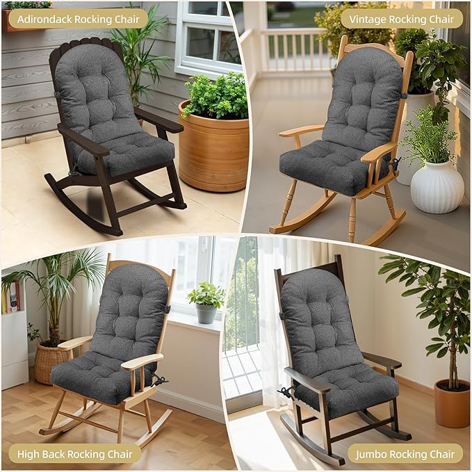 Rocking Chair Cushion - Lola Cotton-Linen Fabric, High-Density Sponge, Durable Comfort Non-Slip Bottom Tufted Seat Pads with Ties, Lola︱Charcoal Gray, 44x19x4 inch