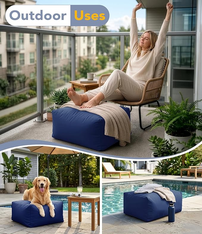 Outdoor Patio Bean Bag Ottoman - Small Beanbag Foot Rest Pouf Rectangular with Shredded Foam Filling, Splash-Proof Detachable Zipper Cover for Relaxing, Navy