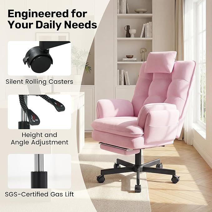 Criss Cross Office Chair with Flip-Up Armrests and Headrest, 135° Reclining Swivel Velvet Criss Cross Chair with Wheels & Foot Rest, Big and Tall Cloud Cross Legged Office Chair for Home, Pink