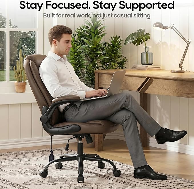 MALOL Leather Office Chair, Home Desk Chair with Adjustable Lumbar Support, Thick Cushion, Flip-Up Arms and Ergonomic Back, Comfy Executive Office Chair for Home Office, Brown