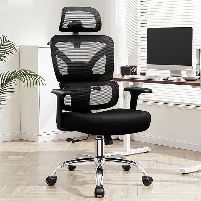 Office Desk Chair, Ergonomic Office Chairs with Lumbar Support, Breathable Mesh Desk Chair with Thickened Cushion Comfy for Home Office, Work, 300Lbs, Black