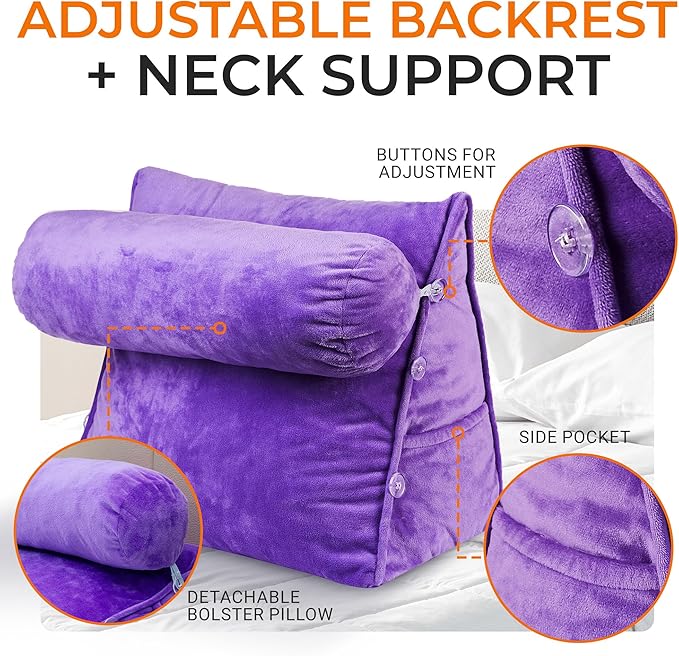 Cheer Collection Reading Wedge Pillow - Adjustable Wedge Reading Pillow with Neck Support, Hollow Fiber-Filled Backrest Pillow for Reading, Gaming, and TV Watching, Purple
