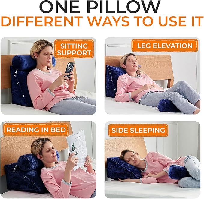 Cheer Collection Reading Wedge Pillow – TV Pillow with Adjustable Bolster Pillow, Memory Foam Back Support for Couch & Bed, Pillow Chair for Bed, Reading Pillows for Adults & Kids, Navy Blue