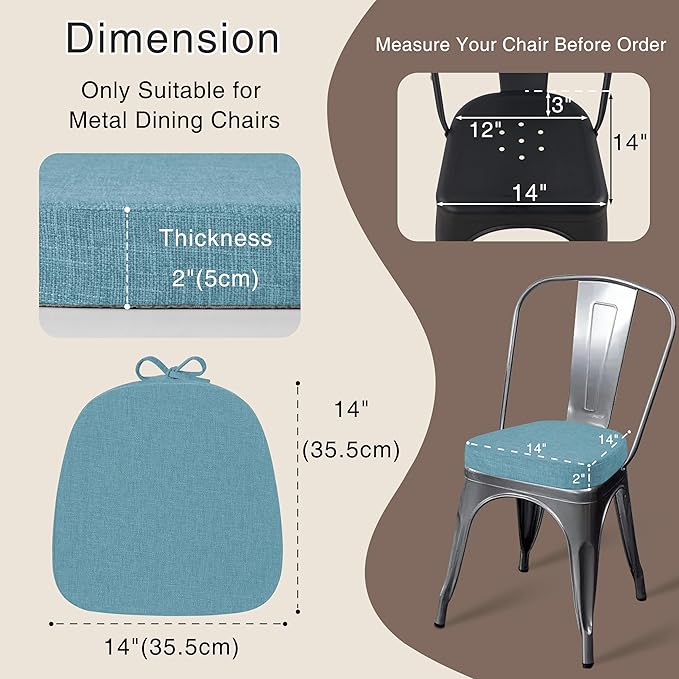 OVOV 14x14 Chair Cushions for Metal Dining Chairs Set of 1 Non Slip Thick Textured Chair Pads for Dining Chairs with Ties and Removable Cover (1, Light Blue)