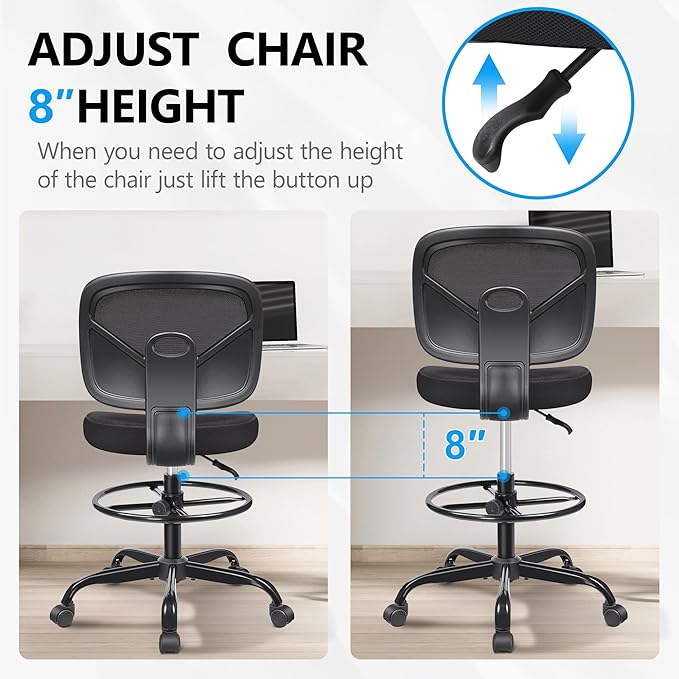 Primy Tall Drafting Desk Chair - Armless, Adjustable Height, Mesh Back, Rolling, Standing Desk Chair for Art Room, Office or Home (Black)