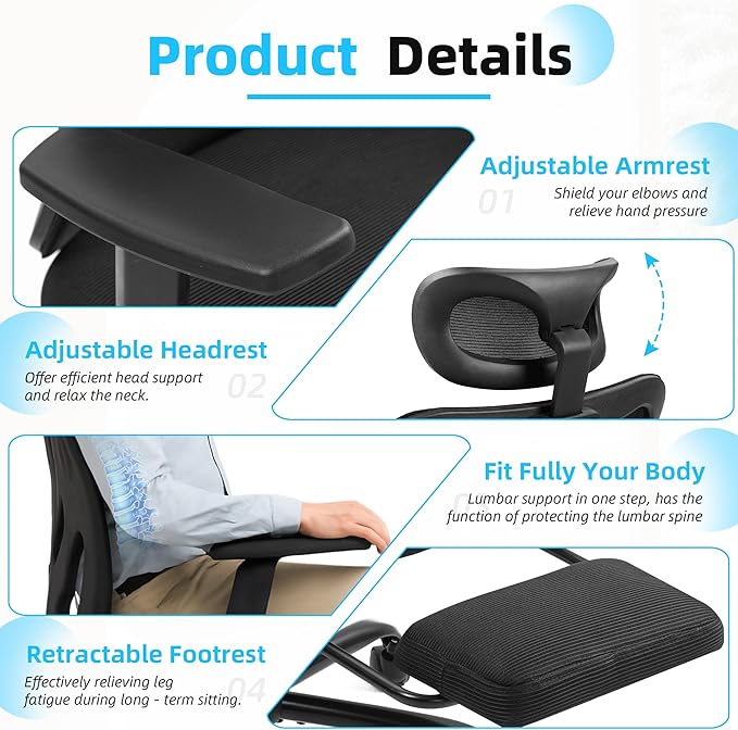 ECOTOUGE Office Computer Desk Chair, Ergonomic High-Back Mesh Work Chairs with Wheels and Adjustable Height, Comfortable Lumbar Support, Comfy Armrest for Home, Bedroom, Study, Black