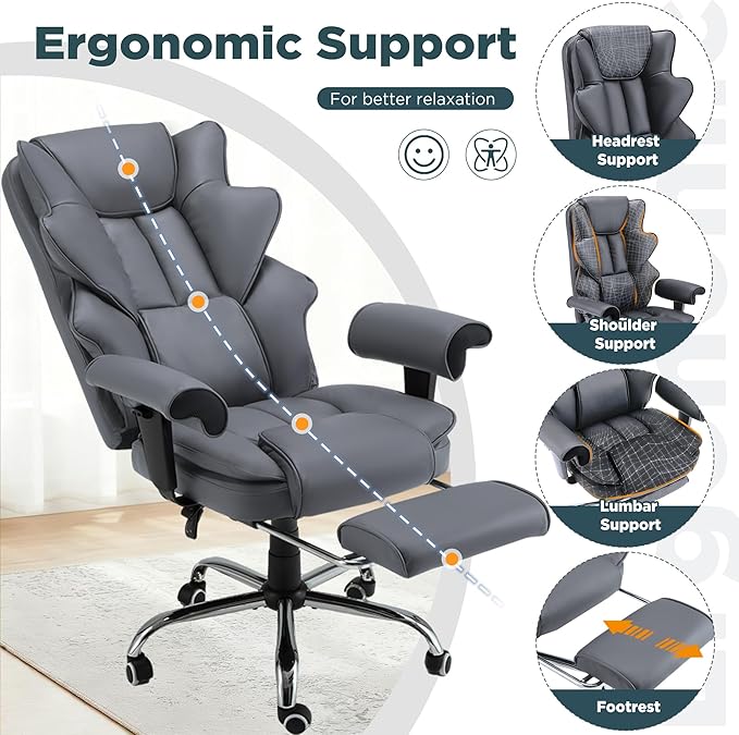 HOMREST Grey Ergonomic Office Chair with 6-Point Vibration Massage & Heat – Reclining Executive Chair with Adjustable Footrest and Armrests, PU Leather Big and Tall Home Office Desk Chair