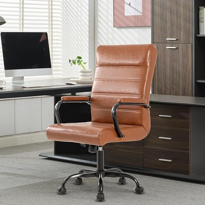 Office Desk Chair,Modern Leather Conference Room Chairs,High Back Home ofiice Chair,Adjustable Height Swivel Executive Computer Chair with Armrest and Padded Seat (Brown with Black Frame)