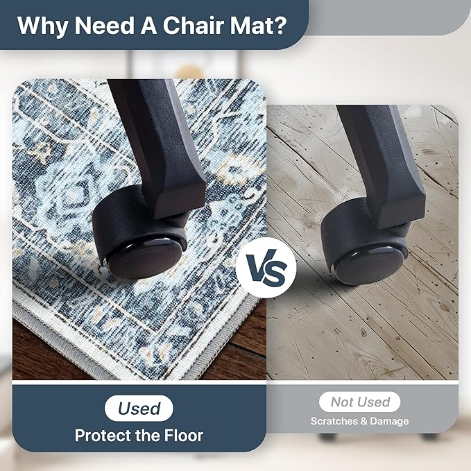 36"x48" Office Chair Mat for Hardwood Tile Floor, Under Desk Carpet Protector for Rolling Computer Chair Mat, Machine Washable Area Rug, Anti-Slip 1/5" Thick Low Pile Thin Vinyl Floor Mat, Blue