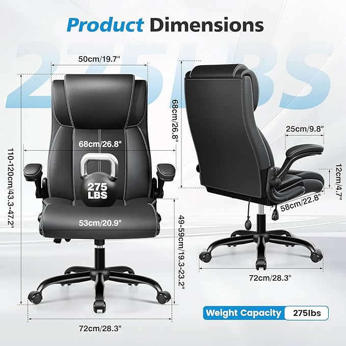 Ergonomic Office Chair – High Back Executive Leather Desk Chair with Inflatable Lumbar Support for Back Pain, Heavy-Duty Computer Desk Chair for Long Workdays, Black