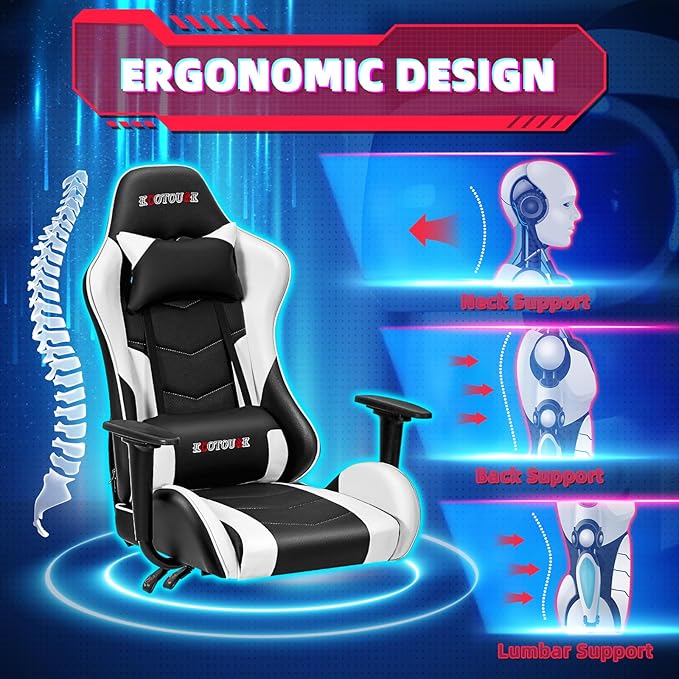 ECOTOUGE PC Gaming Chair Massage Ergonomic Office Desk Chair Racing PU Leather Recliner Swivel Rocker with Headrest and Lumbar Pillow, White