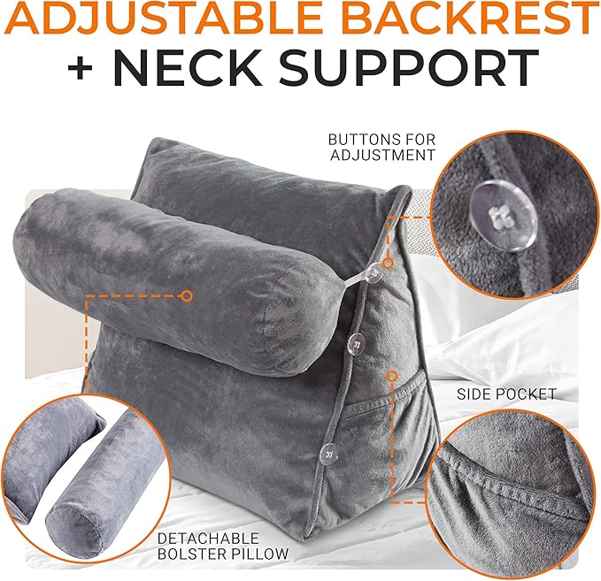 Cheer Collection Reading Wedge Pillow - Adjustable Wedge Reading Pillow with Neck Support, Hollow Fiber-Filled Backrest Pillow for Reading, Gaming, and TV Watching, Gray