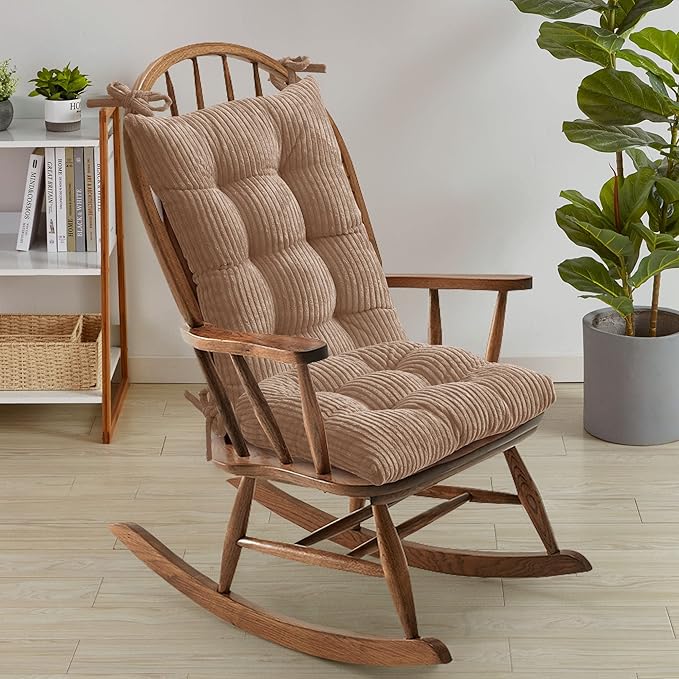 Rocking Chair Cushion Premium Tufted Pads Non Skid Slip Backed Crushed Velvet Cover Set of Upper and Lower with Ties, 21 in x 17 in | 17 in x 17 in, Velvet Taupe