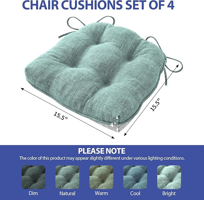 IPYNBAP Chair Cushions for Dining Chairs Set of 4, Kitchen Chair Cushions, Chair Pads with Ties Non Slip Backing, Christmas Room Decor, Tufted Memory Foam Seat Cushion 4 Pack, 15.5x15.5x4, Sage Green